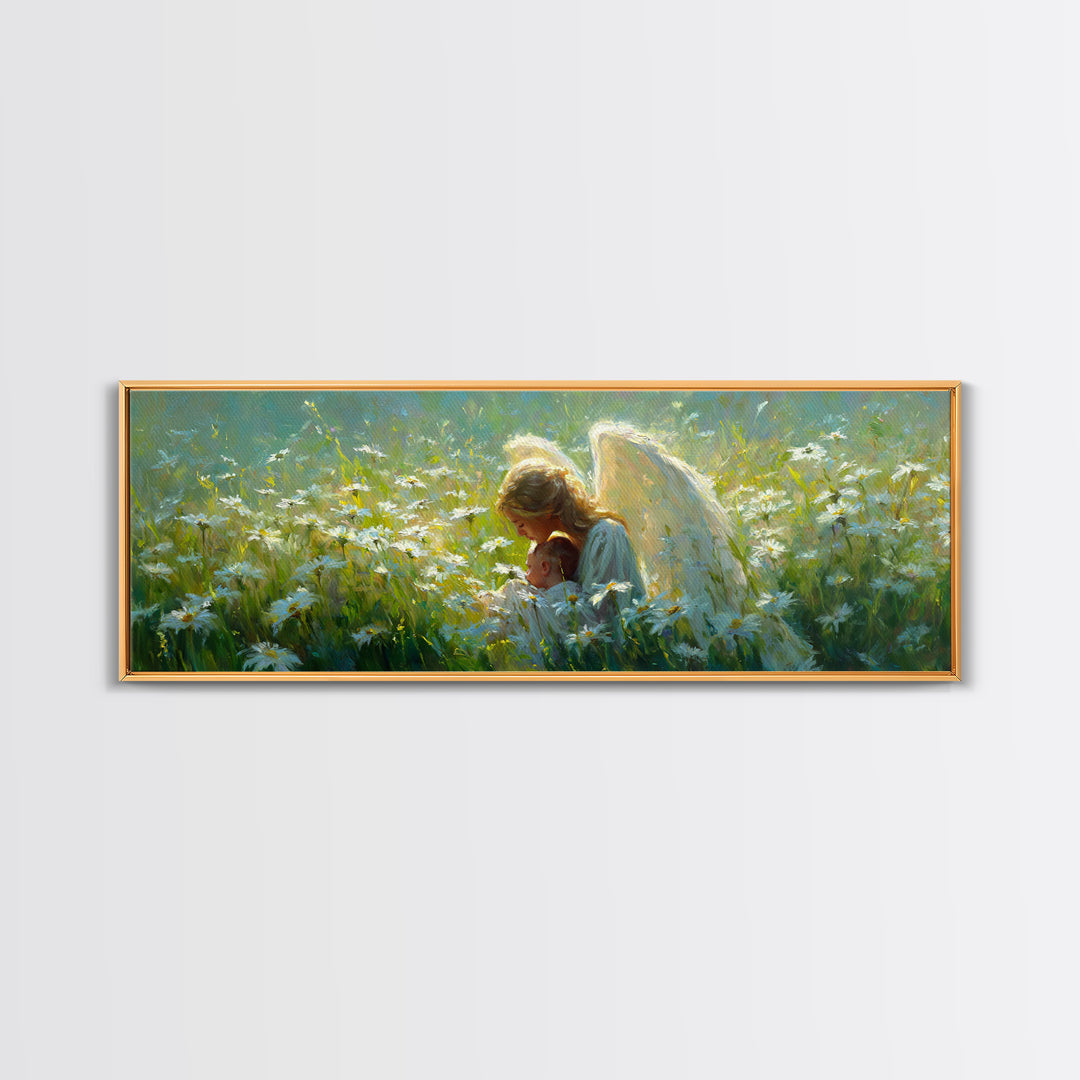 Guardian Angel Holding Baby In Daisy Meadow Framed Canvas Print, Christian Wall Art, Nursery Decor, Motherhood Gift For Her