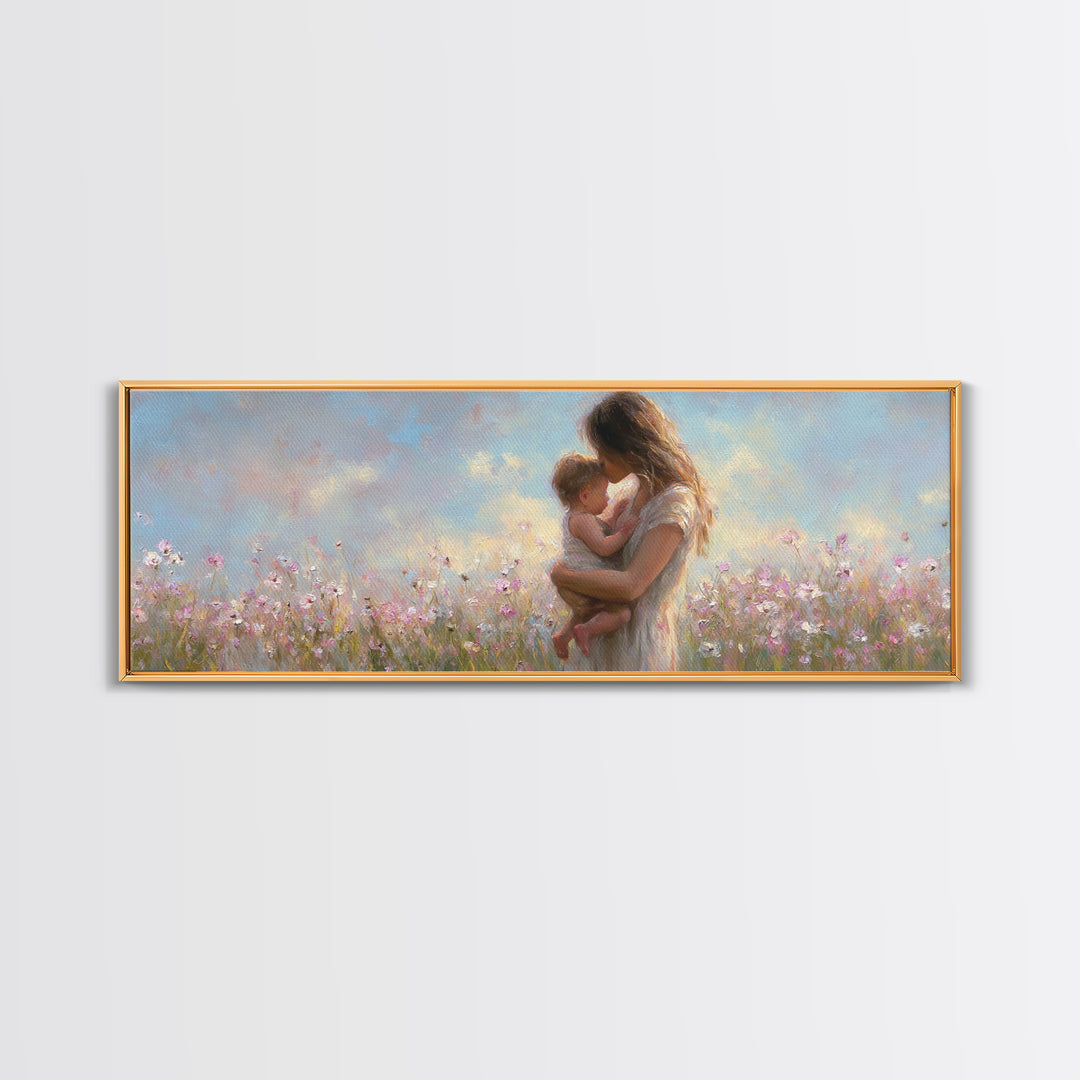 Tender Mother Holding Baby In Pastel Wildflowers Canvas Print, Motherhood Wall Art, Nursery Decor, Gift For Mom, Baby Shower Gift