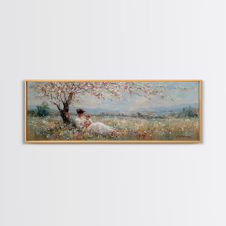 Mother And Baby Under White Blossom Tree In Meadow Framed Canvas Print, Floral Wall Art, Valley Landscape, Nursery Decor