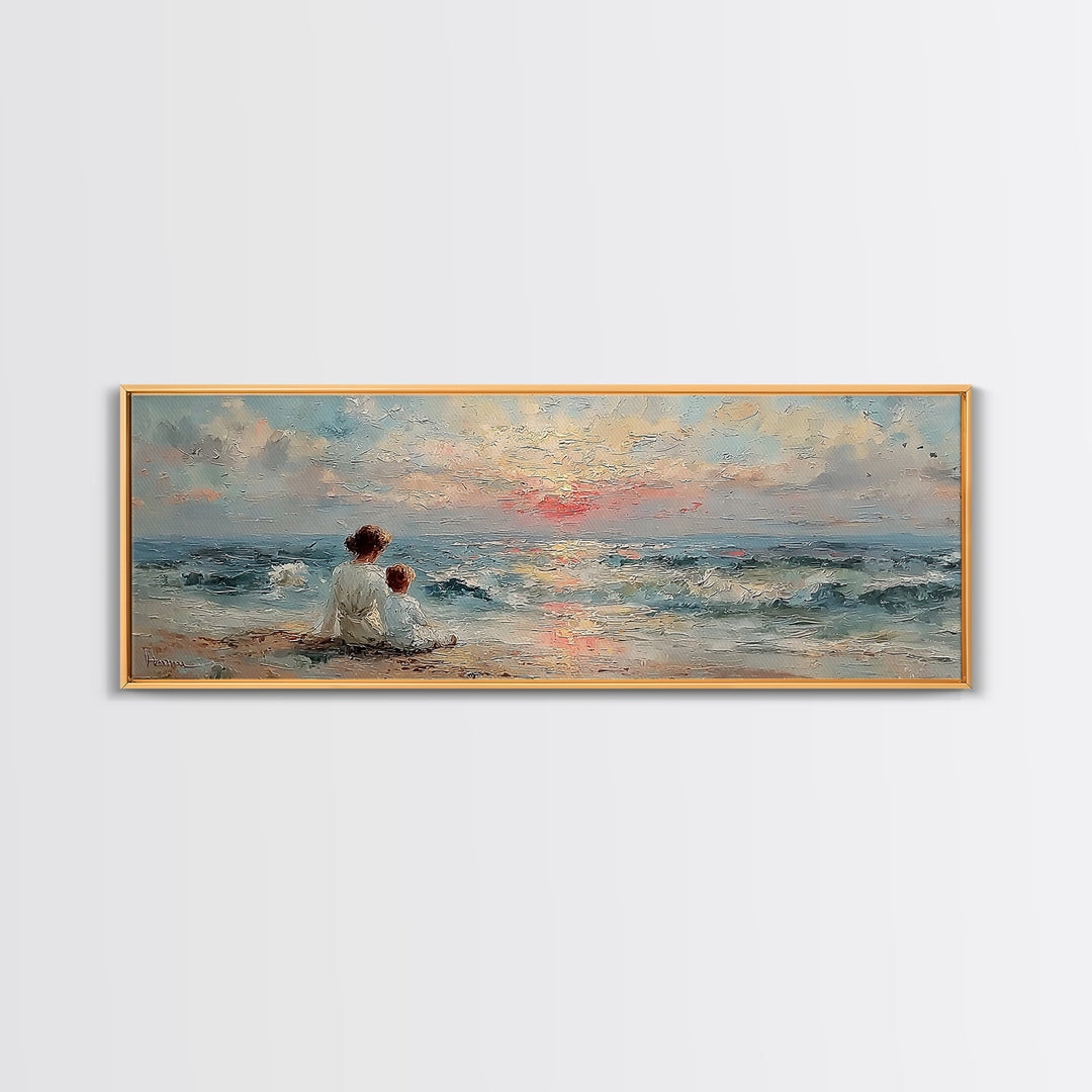 Mother And Child Watching Ocean Sunset Wall Art, Coastal Nursery Decor, Beach House Art, Seascape Painting, Gift For Mom