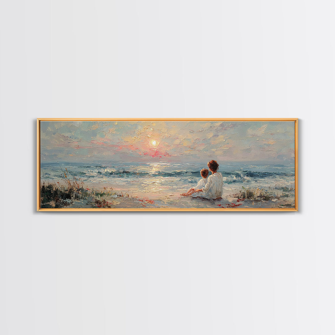 Mother And Child Sitting By Seaside Sunset Canvas Print, Coastal Wall Art, Beach House Decor, Ocean Painting, Gift For Mom