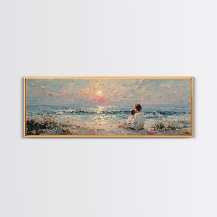 Mother And Child Sitting By Seaside Sunset Canvas Print, Coastal Wall Art, Beach House Decor, Ocean Painting, Gift For Mom