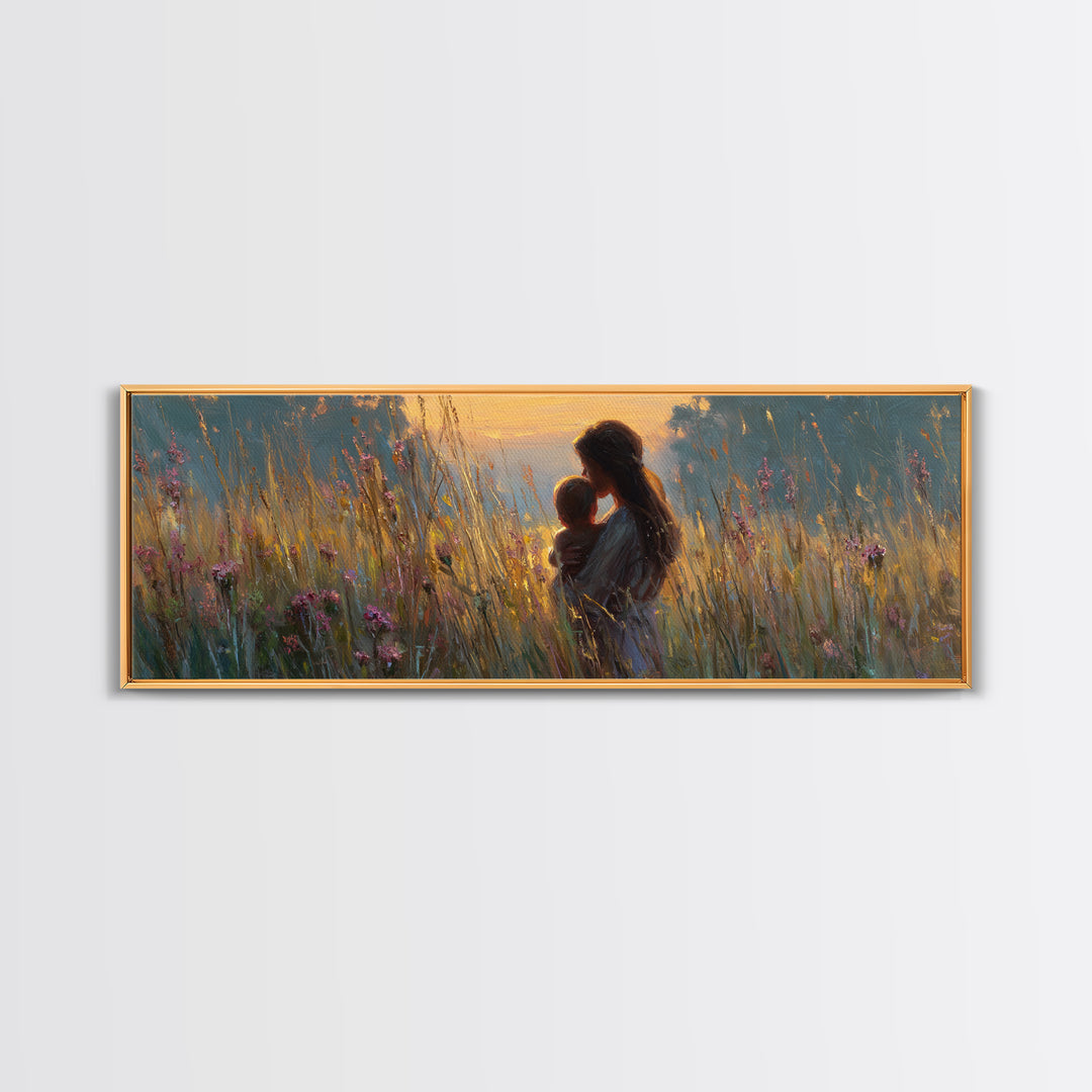 Golden Meadow Mother And Baby Wall Art, Impressionist Wildflower Nursery Decor, Feminine Landscape Canvas Gift For New Mom