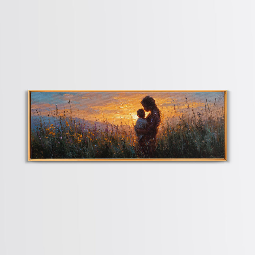 Sunset Meadow Mother And Baby Framed Canvas Print, Impressionist Wildflower Wall Decor, Motherhood Gift For Her, Living Room Art