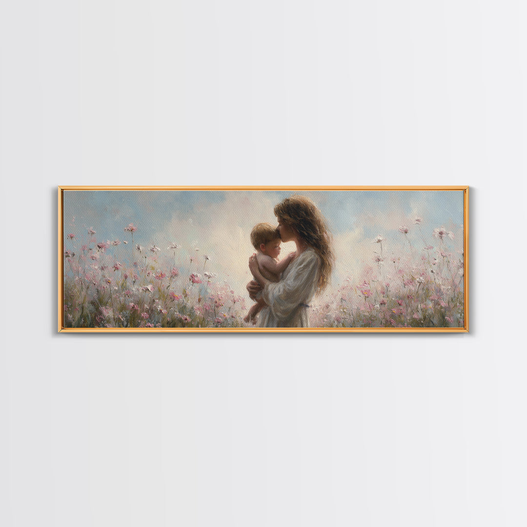 Soft Floral Mother And Baby Wall Art, Dreamy Impressionist Wildflower Meadow, Feminine Nursery Decor Gift For Mom Bedroom Decor