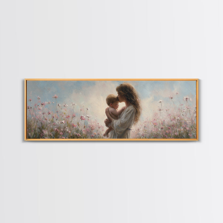 Soft Floral Mother And Baby Wall Art, Dreamy Impressionist Wildflower Meadow, Feminine Nursery Decor Gift For Mom Bedroom Decor
