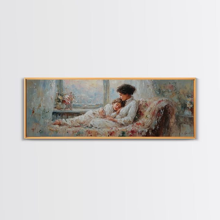 Sleeping Mother And Child On Floral Sofa Wall Art, Cozy Bedroom Decor, Impressionist Motherhood Canvas Print Gift For Mom