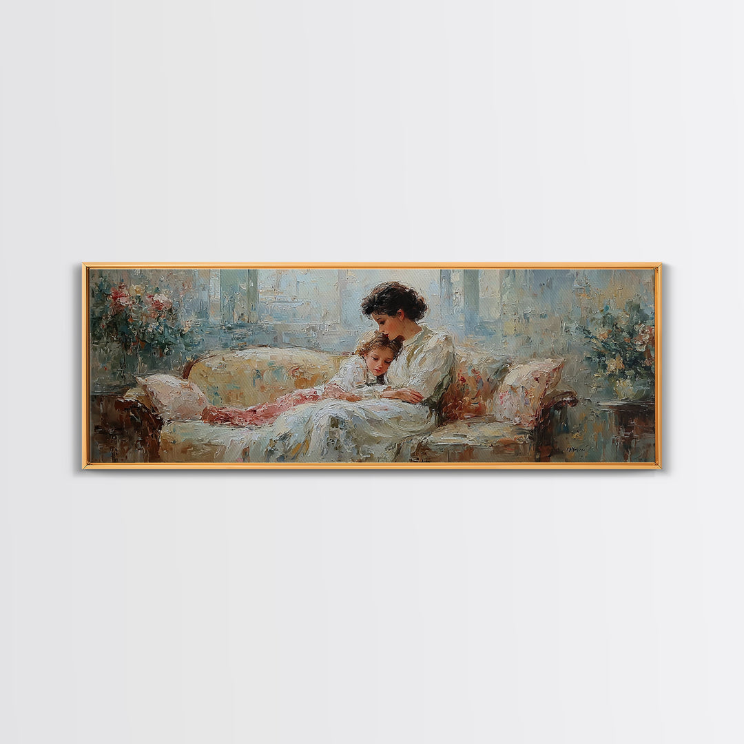 Mother And Child Reading On Floral Sofa Framed Canvas Print, Cozy Home Decor, Feminine Bedroom Wall Art Gift For Her Nursery Decor