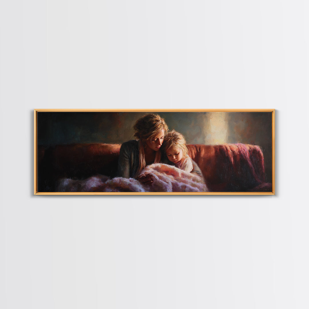 Moody Mother And Daughter Reading Wall Art, Warm Lamplight Sofa Scene, Cozy Bedroom Canvas Print Gift For Mom Living Room Decor