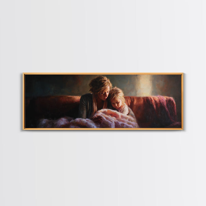 Moody Mother And Daughter Reading Wall Art, Warm Lamplight Sofa Scene, Cozy Bedroom Canvas Print Gift For Mom Living Room Decor