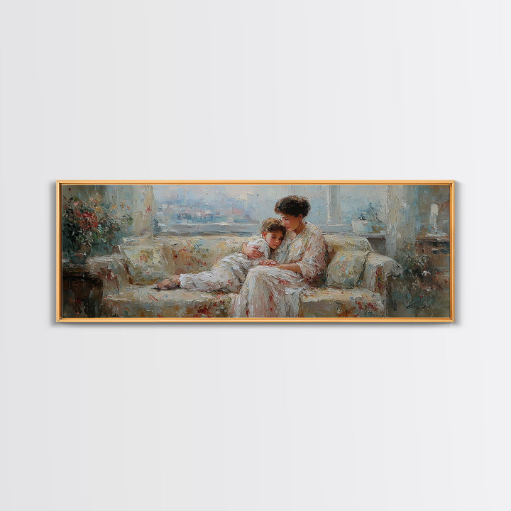 Mother And Child On Floral Sofa Framed Canvas Print, Impressionist Nursery Decor, Feminine Bedroom Wall Art, Gift For Her