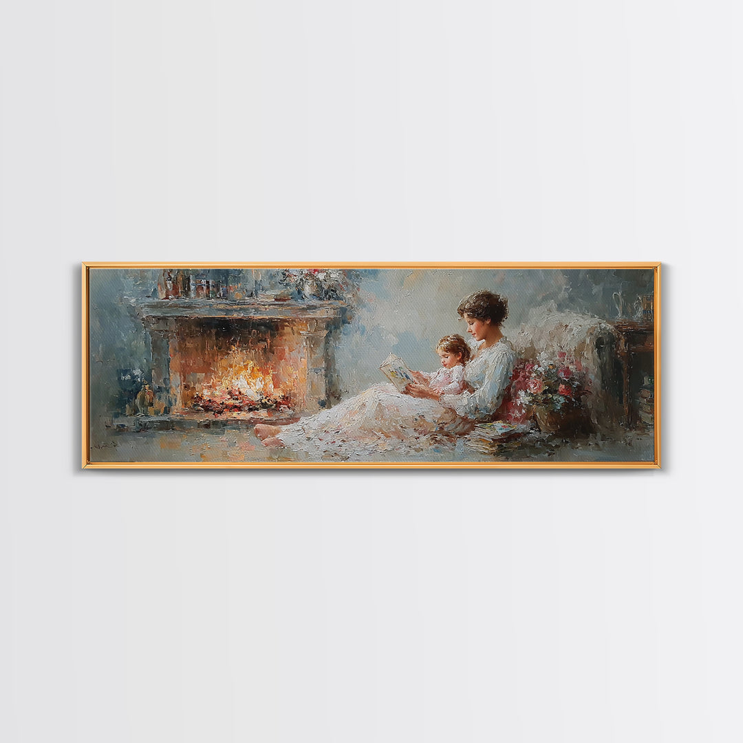Mother Reading By Fireplace With Child Canvas Print, Cozy Bedroom Wall Art, Impressionist Living Room Decor, Gift For Mom