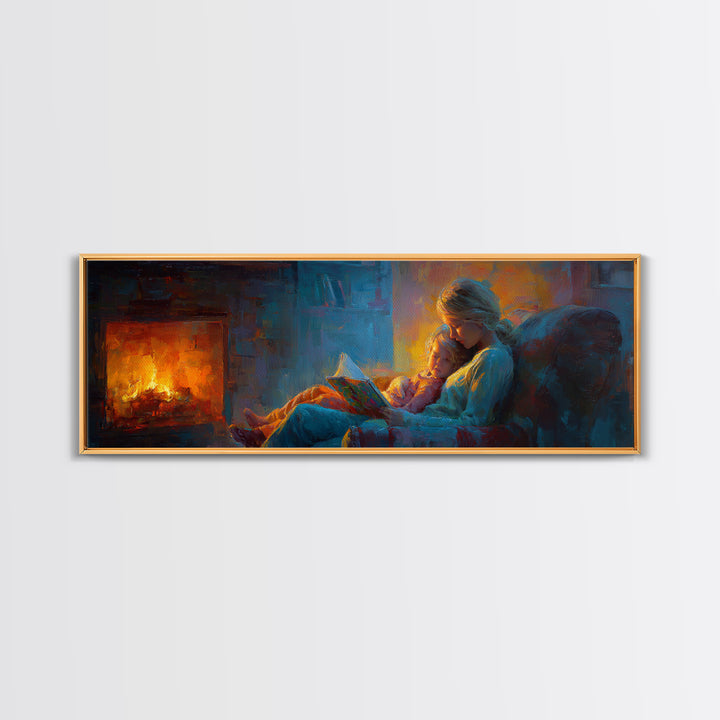 Cozy Mother And Child Reading By Firelight Wall Art, Moody Impressionist Canvas Print, Dark Academia Living Room Decor Gift
