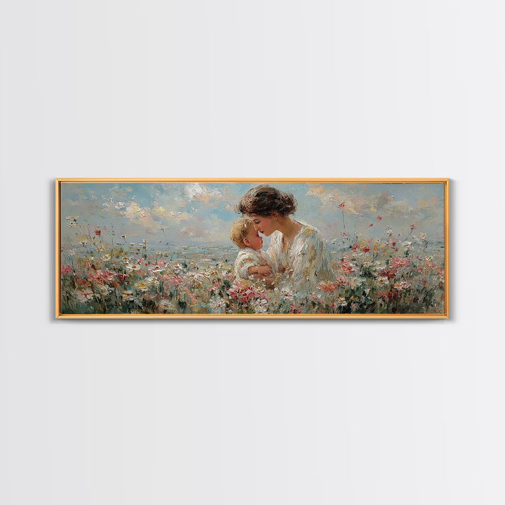 Mother Kissing Baby In Wildflower Meadow Framed Canvas Print, Feminine Floral Wall Art, Soft Nursery Decor, Gift For Her