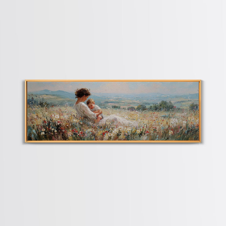 Mother And Baby Resting In Wildflowers Wall Art, Impressionist Landscape Canvas Print, Feminine Nursery Decor, Gift For Mom