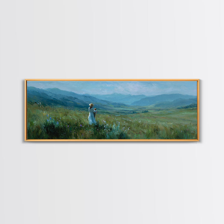 Mother And Child Over Mountain Valley Framed Canvas Print, Panoramic Landscape Wall Art, Blue Green Nature Decor Gift For Her