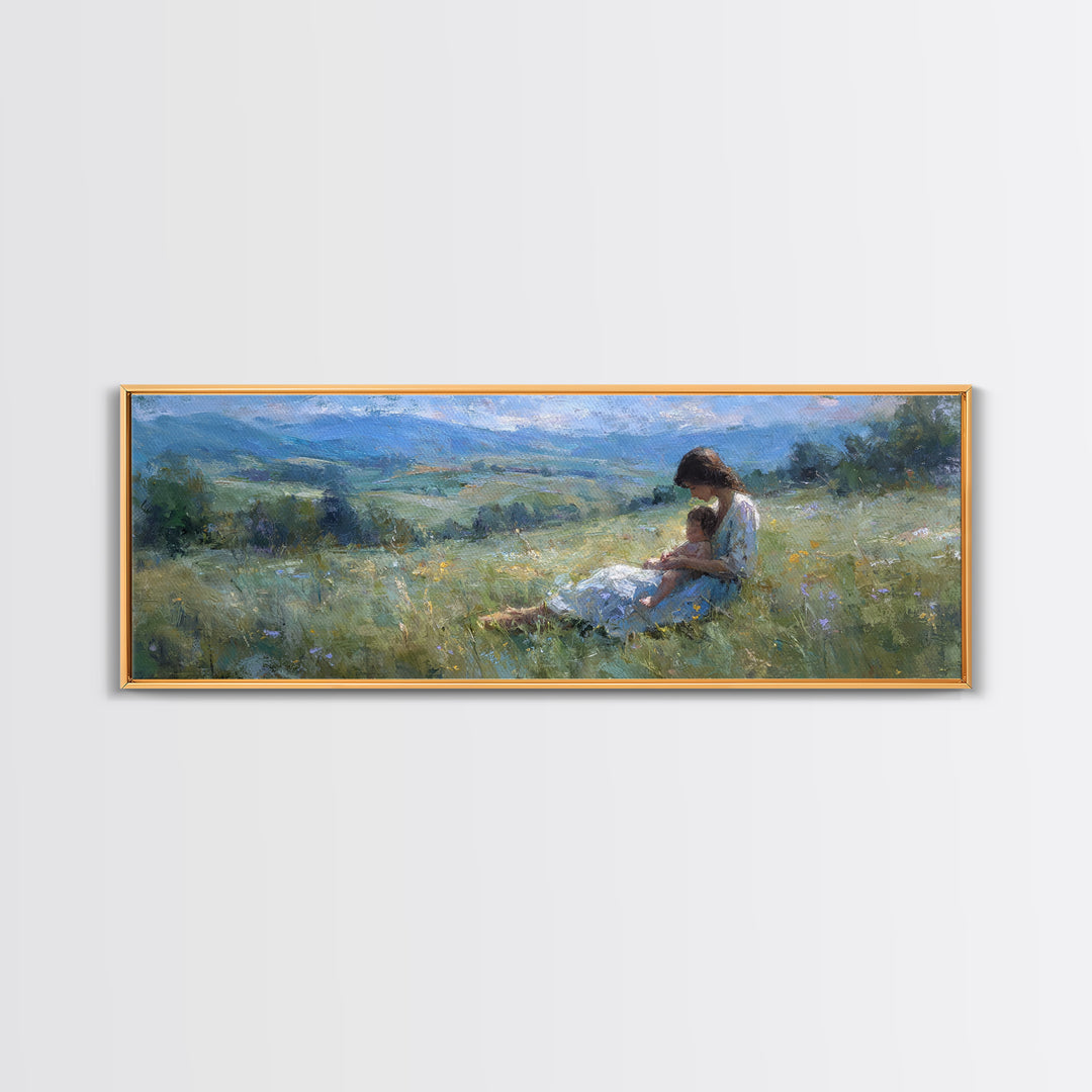 Mother And Child In Blue Mountain Meadow Canvas Print, Impressionist Landscape Wall Art, Peaceful Bedroom Decor, Gift For Her