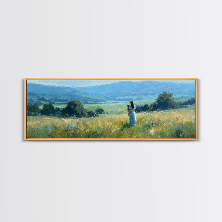 Mother Holding Child In Golden Meadow Wall Art, Panoramic Blue Mountain Canvas Print, Nature Nursery Decor, Housewarming Gift