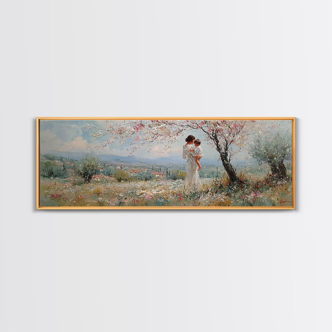 Mother And Baby Under Blossoming Tree Framed Canvas Print, Impressionist Spring Landscape Wall Decor, Nursery Art Gift For Her