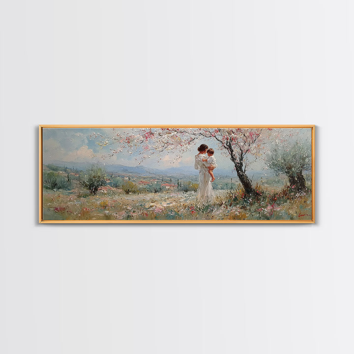 Mother And Baby Under Blossoming Tree Framed Canvas Print, Impressionist Spring Landscape Wall Decor, Nursery Art Gift For Her