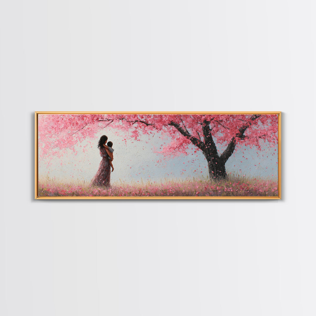 Mother And Infant Beneath Pink Cherry Blossoms Wall Art, Romantic Spring Nursery Decor, Feminine Canvas Art Gift For Her