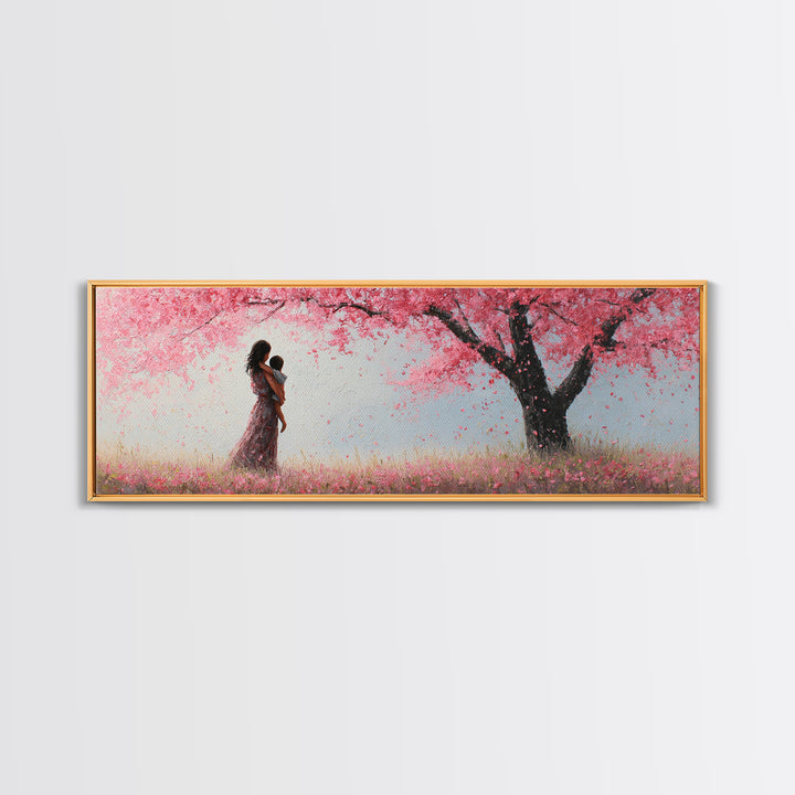 Mother And Infant Beneath Pink Cherry Blossoms Wall Art, Romantic Spring Nursery Decor, Feminine Canvas Art Gift For Her