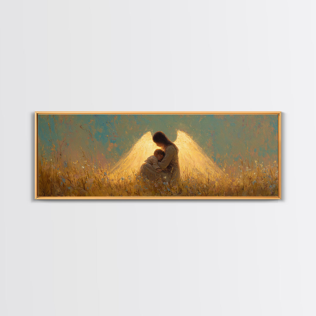 Golden Guardian Angel Embracing Child Canvas Print, Spiritual Wall Art, Christian Nursery Home Decor, Sympathy Gift For Mom