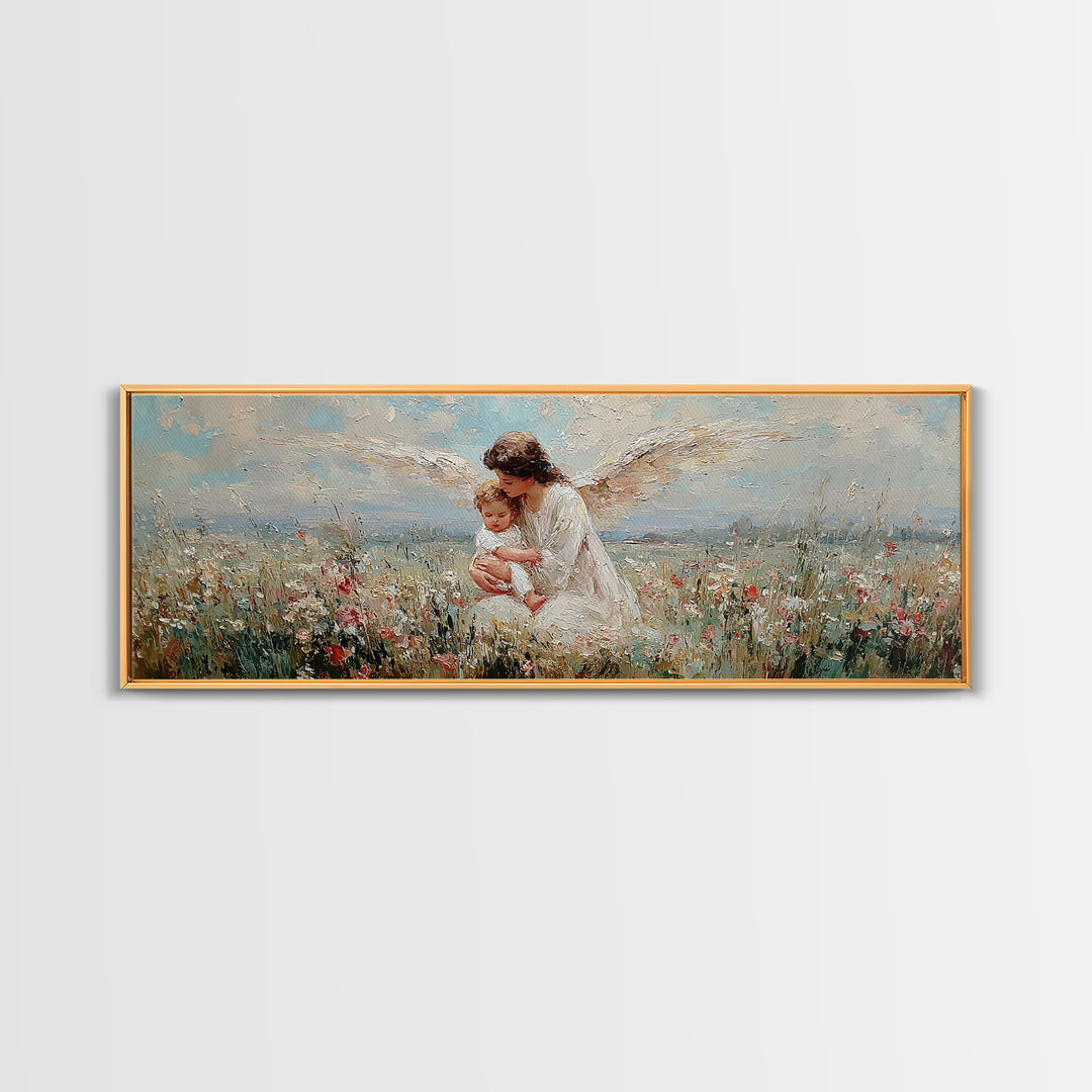White Winged Angel Holding Baby In Meadow Canvas Print, Christian Wall Art, Spiritual Nursery Decor, Guardian Angel Gift