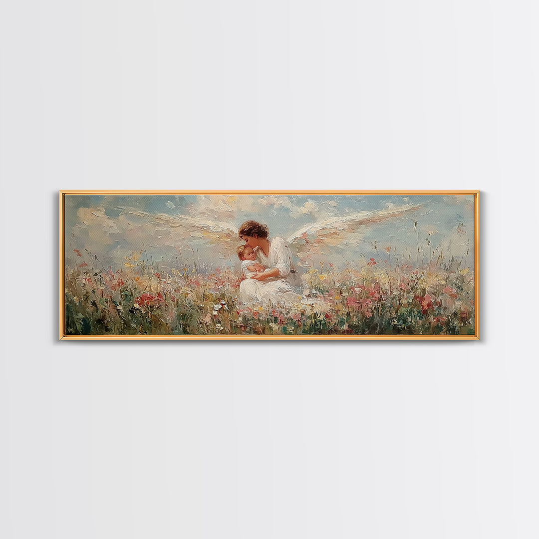 Curly Haired Angel Holding Baby In Flowers Canvas Print, Christian Wall Art, Spiritual Nursery Decor, Baptism Gift For Baby