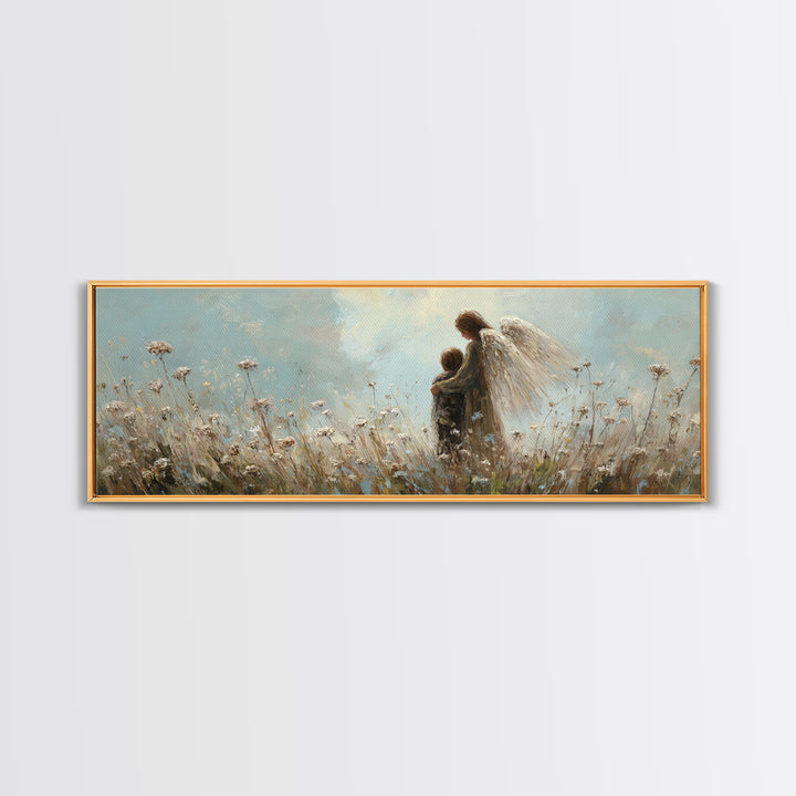 Guardian Angel Walking With Child In Meadow Wall Art, Soft Blue Wildflower Canvas Print, Christian Nursery Decor Gift For Mom