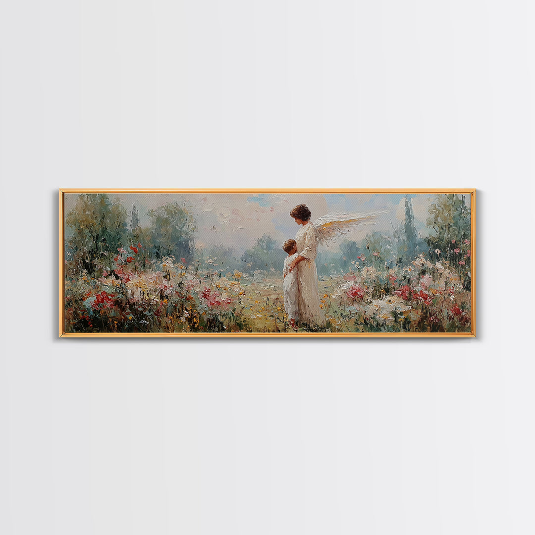 Guardian Angel With Child Framed Canvas Print, Spiritual Wall Art, Nursery Decor, Christian Gift, Wildflower Landscape Art