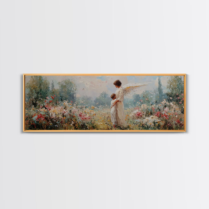 Guardian Angel With Child Framed Canvas Print, Spiritual Wall Art, Nursery Decor, Christian Gift, Wildflower Landscape Art