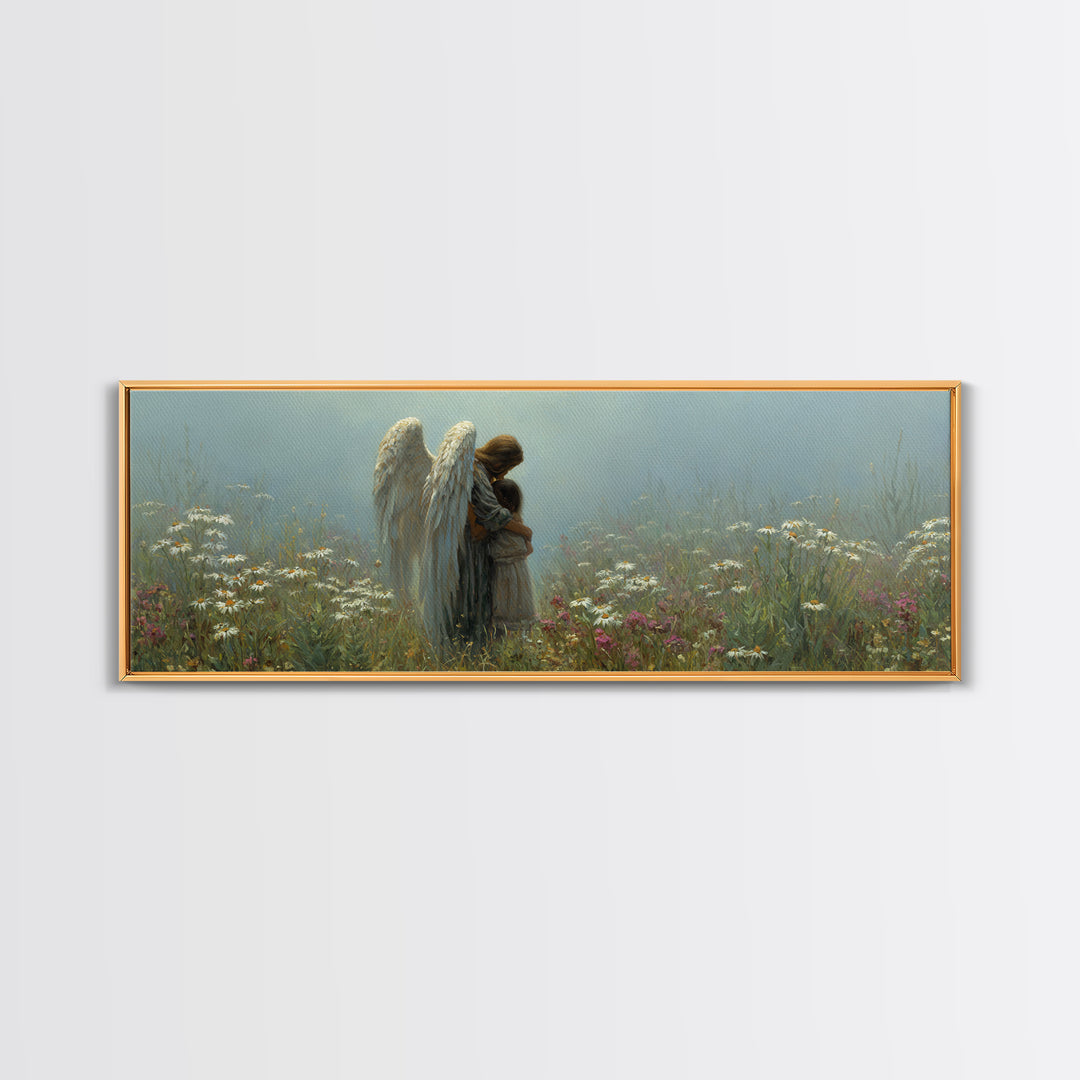 Angel And Little Girl Meadow Wall Art, Christian Nursery Decor, Spiritual Canvas Art, Wildflower Landscape, Calming Gift