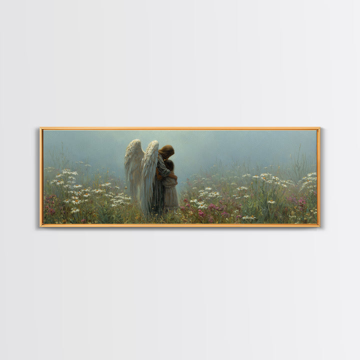 Angel And Little Girl Meadow Wall Art, Christian Nursery Decor, Spiritual Canvas Art, Wildflower Landscape, Calming Gift