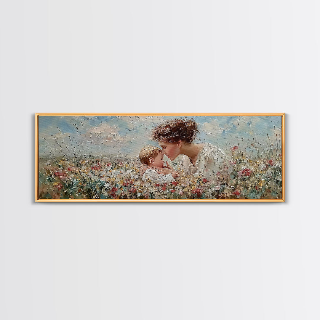 Angel Mother Kissing Baby Framed Canvas Print, Christian Nursery Wall Art, Wildflower Meadow Decor, Gift For Mom, Spiritual Art