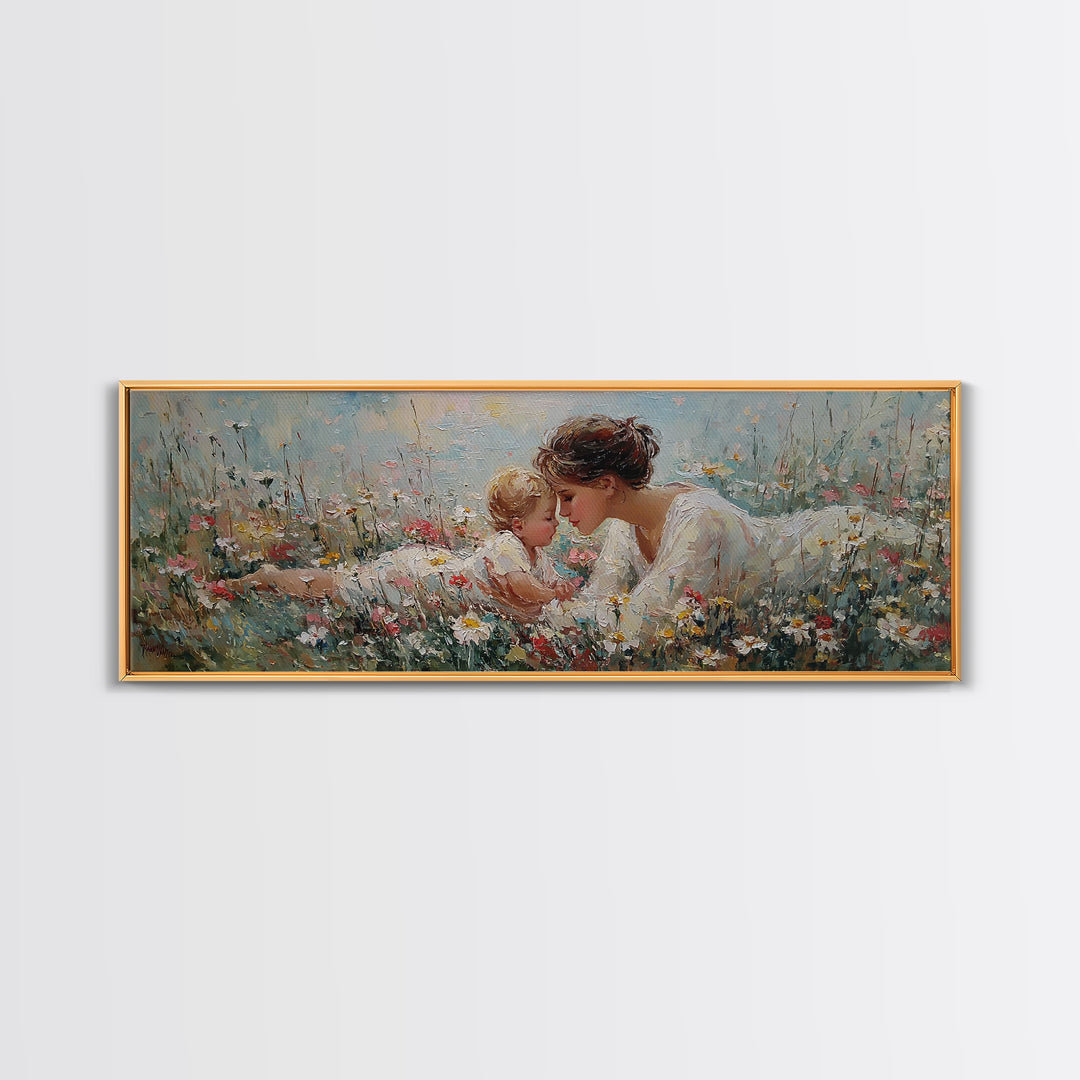 Mother And Baby In Wildflowers Canvas Print, Tender Nursery Wall Art, Christian Decor, Floral Meadow, Gift For Her, Home Decor