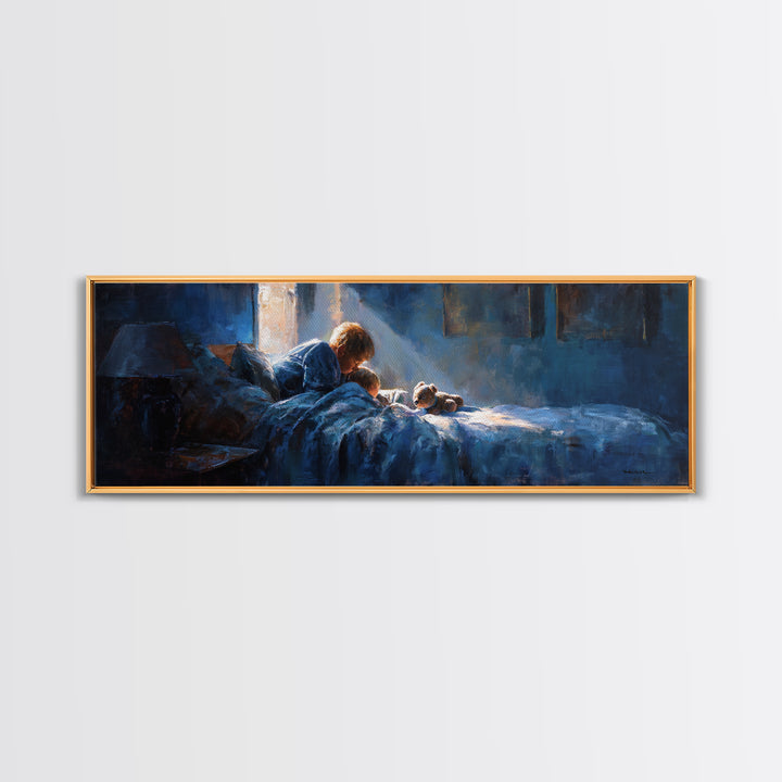Mother Reading To Child In Blue Bedroom Wall Art, Moody Impressionist Bedtime Print, Cozy Nursery Decor, Above Bed Gift For Mom