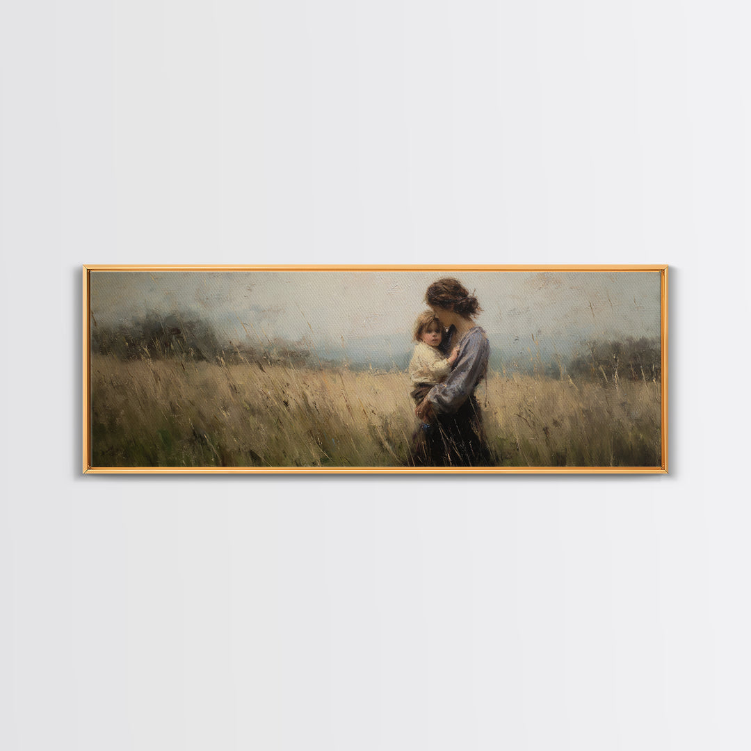 Tender Mother And Child In Wheat Field Canvas Print, Moody Impressionist Wall Art, Neutral Nursery Decor, Gift For Mom, Living Room Art