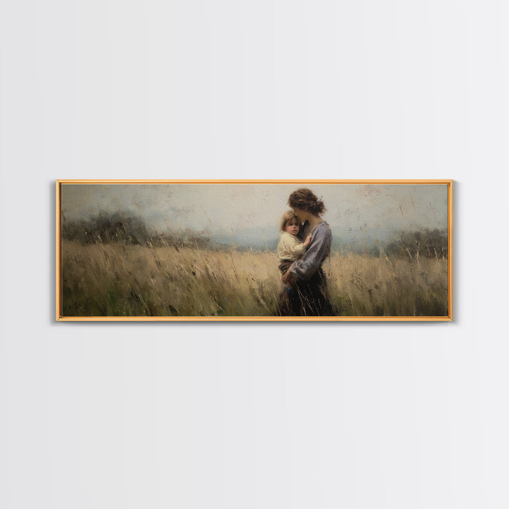 Tender Mother And Child In Wheat Field Canvas Print, Moody Impressionist Wall Art, Neutral Nursery Decor, Gift For Mom, Living Room Art
