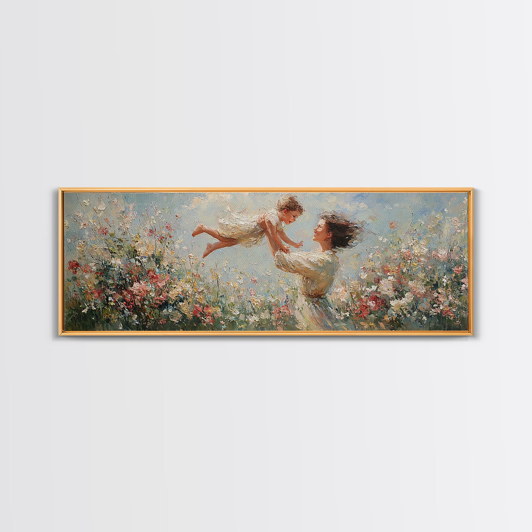 Mother Lifting Child Over Blooming Meadow Framed Canvas Print, Impressionist Floral Wall Art, Nursery Decor Gift For Mom
