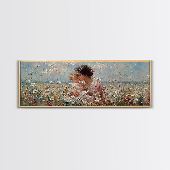 Tender Mother And Child Embrace In Daisy Field Framed Canvas Print, Floral Wall Art, Feminine Nursery Decor Gift For Her