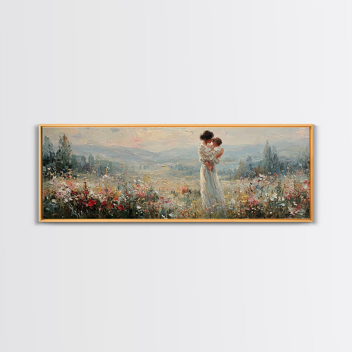 Mother Holding Infant Above Misty Floral Valley Canvas Print, Landscape Wall Art, Romantic Bedroom Decor Housewarming Gift