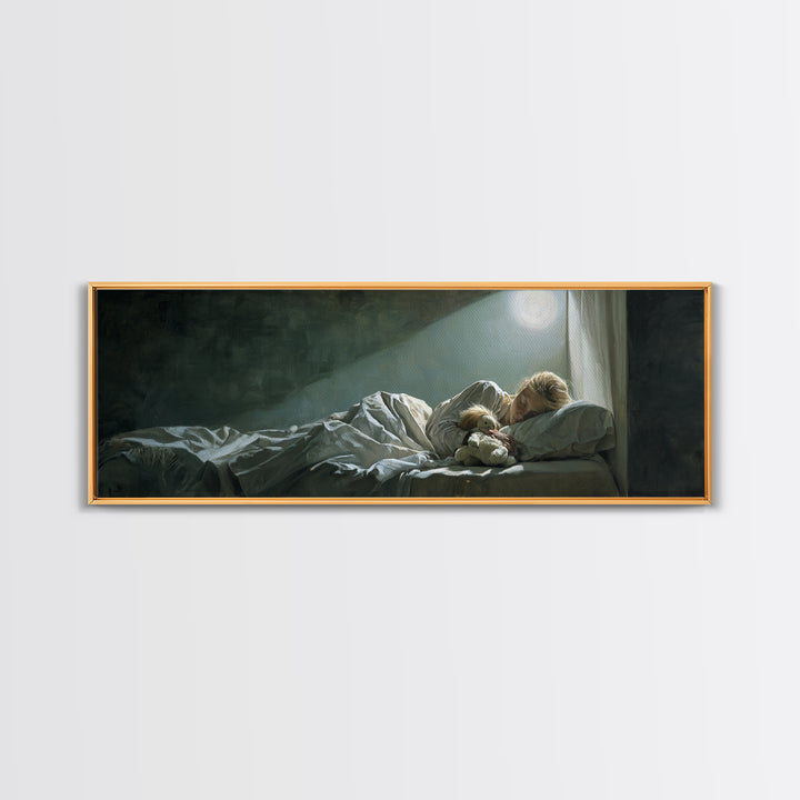 Moonlit Mother And Child Sleeping Beside Teddy Bear Canvas Print, Calming Wall Art, Nursery Bedroom Decor Gift For New Mom