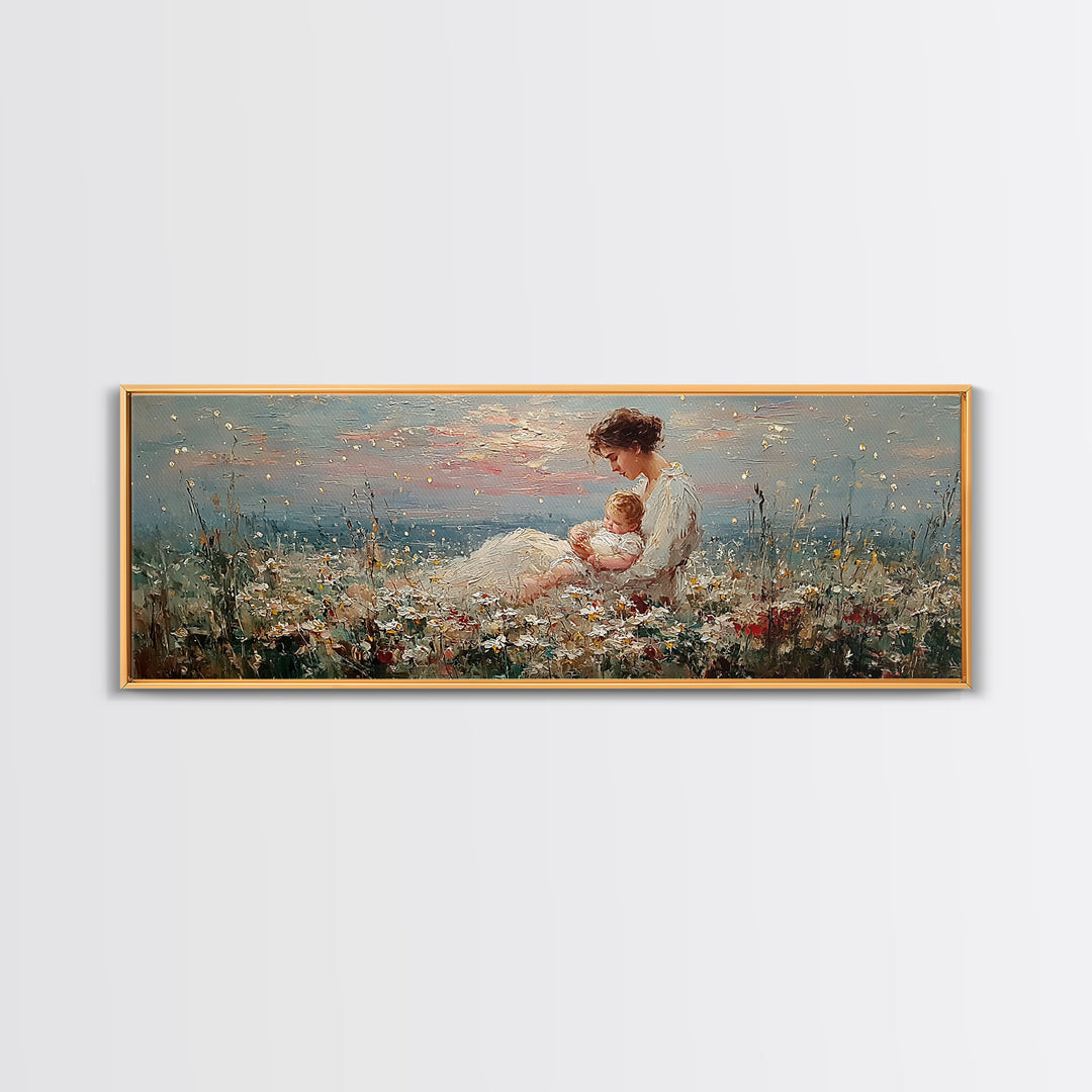 Mother And Baby Wildflower Meadow Wall Art, Angelic Nursery Decor, Feminine Fine Art Print, Gift For Mom, Living Room Decor