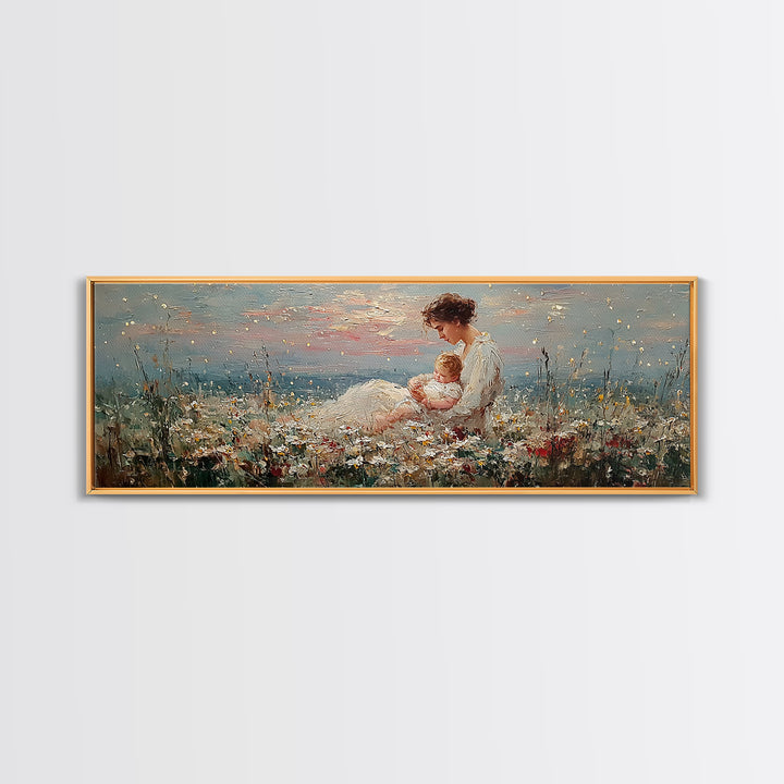 Mother And Baby Wildflower Meadow Wall Art, Angelic Nursery Decor, Feminine Fine Art Print, Gift For Mom, Living Room Decor
