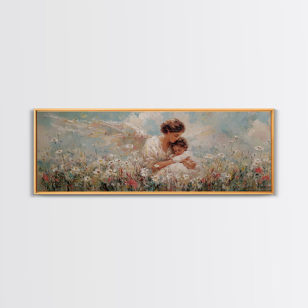 Guardian Angel And Child Framed Canvas Print, Wildflower Meadow Wall Art, Christian Nursery Decor, Gift For Mom, Fine Art