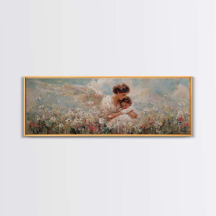 Guardian Angel And Child Framed Canvas Print, Wildflower Meadow Wall Art, Christian Nursery Decor, Gift For Mom, Fine Art