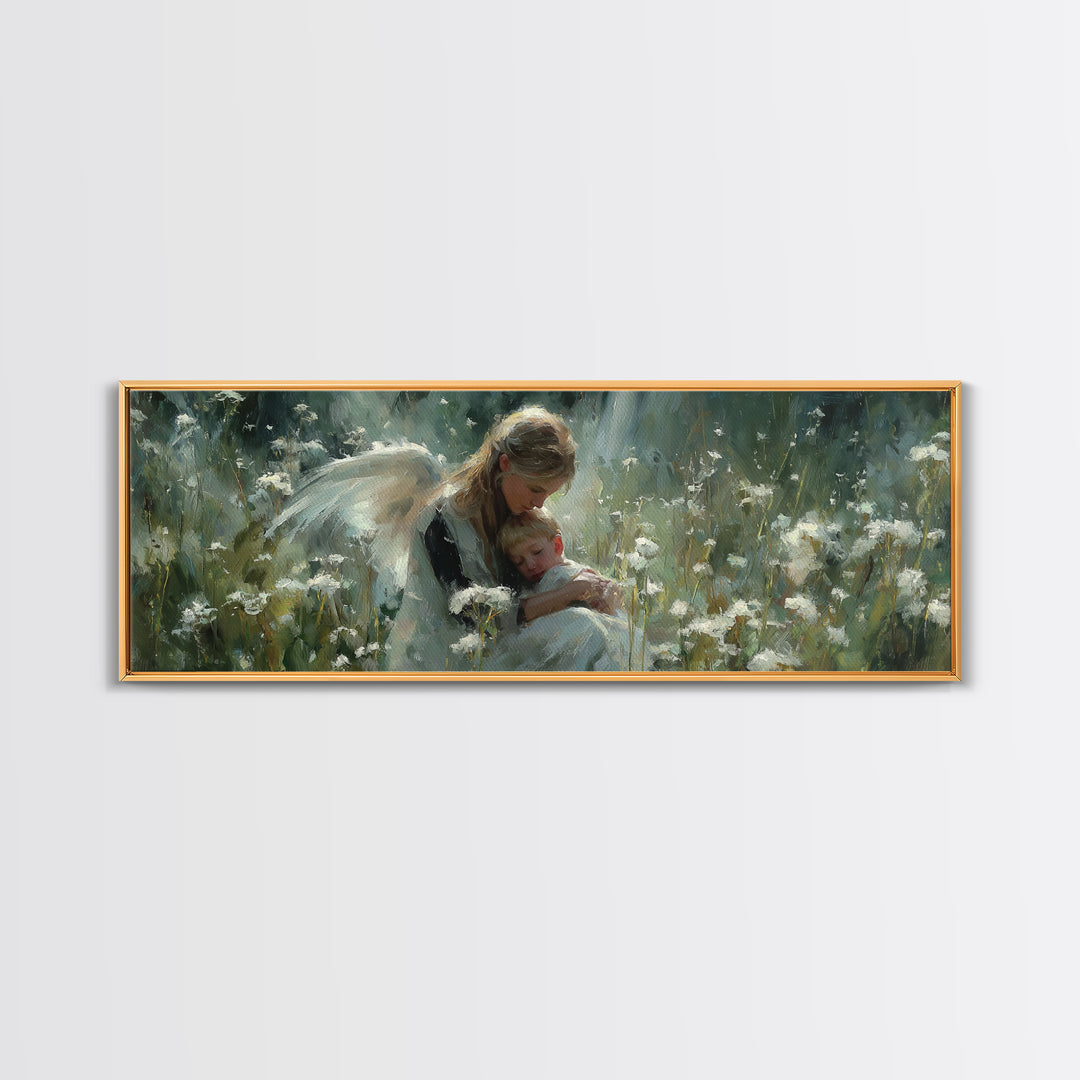 Blonde Guardian Angel With Baby Wall Art, Serene Wildflower Meadow Canvas Print, Christian Nursery Decor, Gift For Her, Home Decor