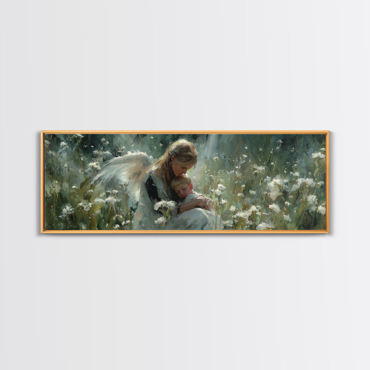 Blonde Guardian Angel With Baby Wall Art, Serene Wildflower Meadow Canvas Print, Christian Nursery Decor, Gift For Her, Home Decor