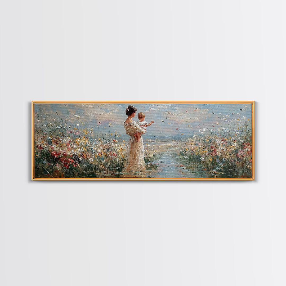Mother Holding Baby By The Sea Wall Art, Wildflower Coastal Landscape Canvas Print, Nursery Decor, Gift For Mom, Fine Art